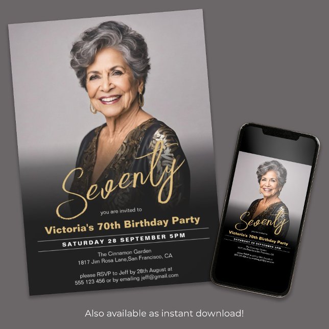 Convites Foto Mínima Dourada Negra Moderna de Aniversário d (70th Birthday Modern Black Gold Minimal Photo Invitation)