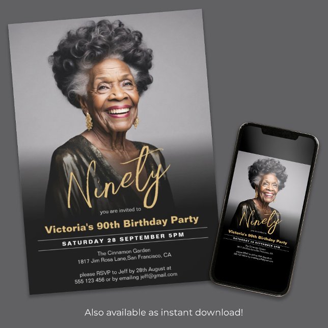 Convites Foto mínima mínima mínima Dourada de Aniversário d (90th Birthday Black Gold Minimal Modern Photo Invitation)
