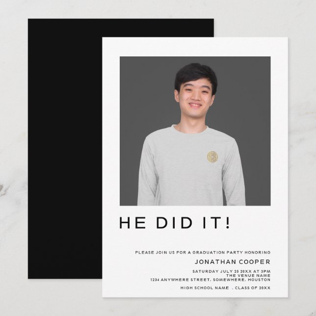 Convites Foto Mínima Que Ele Fez, Graduação Branca Preta (Frente/Verso)