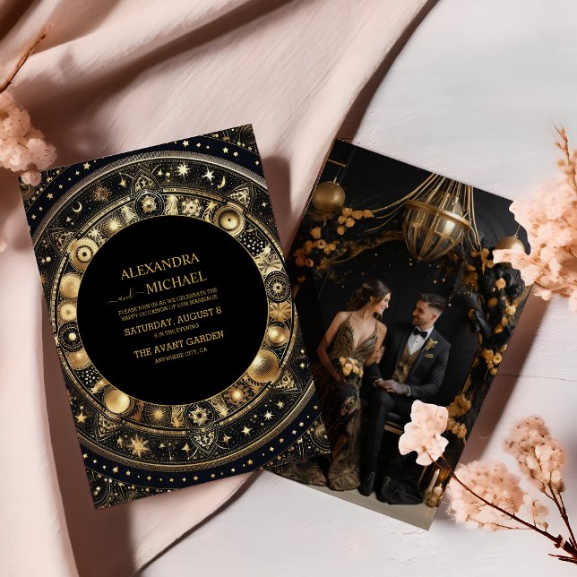 Convites Foto Mística Chic Casamento Sol Lua Preto Dourado (Criador carregado)