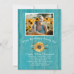 Convites Foto moderna Amarelo Sunflower Teal Blue wood 21 r