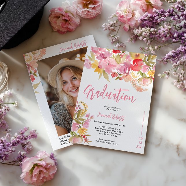 Convites Foto moderna Boho Rosa Lavanda floral formatura (Modern photo Boho Pink Lavender floral graduation Invitation)