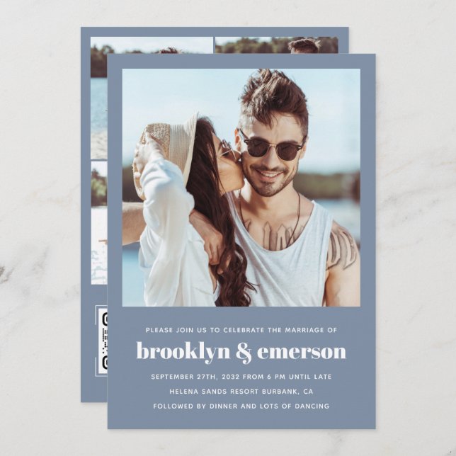 Convites Foto Moderna Código QR Dusty Blue Casamento (Frente/Verso)