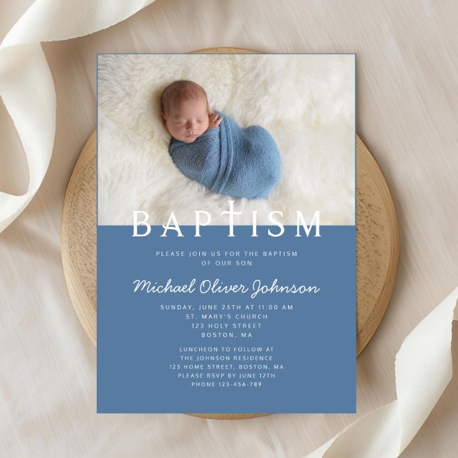 Convites Foto Moderna Cruz Religiosa Blue Boy Baptism (Modern Photo Religious Cross Blue Boy Baptism Invitation)
