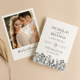 Convites Foto Moderna de Casamento de Boho Branco Preto de