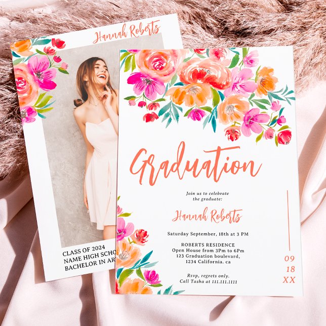 Convites Foto moderna Graduação floral laranja-Boho (Modern photo Boho orange floral graduation Invitation)