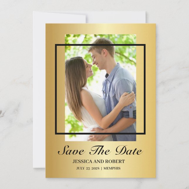 Convites Foto Moderna Preta E Dourada Salvar A Data (Frente)