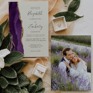 Convites Foto Moderna Púrpura Dourada Casamento de marfim