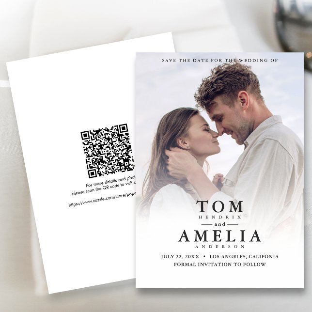 Convites Foto Moderna Simples Salvar Data Código QR Casamen (The QR code makes it easy for guests to visit your website for more details about your wedding.)