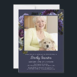 Convites Foto Moody Purple Floral com Festa de aniversário<br><div class="desc">Rosas roxas e peonias modernas e misteriosas dão o tom para esta elegante festa de aniversário 50. O texto branco é realmente pop! Formal, mas com uma reviravolta moderna para a mulher que sempre teve sentido de estilo e ama flores. Este item faz parte da coleção Moody Purple Flower. Ele...</div>