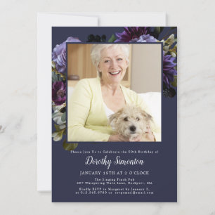 Convites Foto Moody Purple Floral com Festa de aniversário 