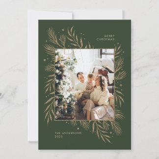 Convites Foto Natal Família Férias Verde Escuro dourado