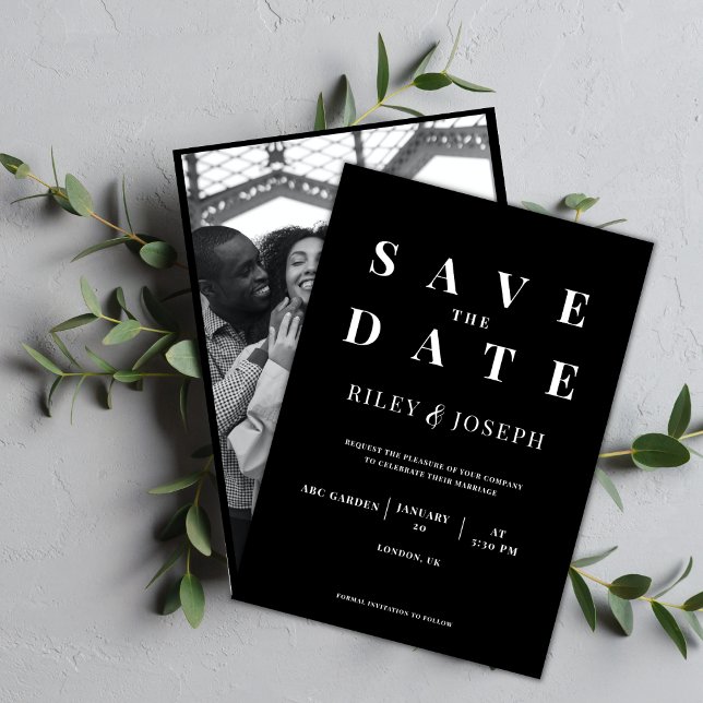 Convites Foto negra moderna minimalista salva a data (Criador carregado)