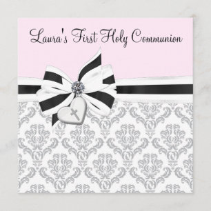 Convites Foto negra rosa Damask Heart Cross First Communtio