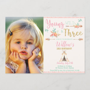 Convites Foto nova selvagem de Boho de três aniversário de
