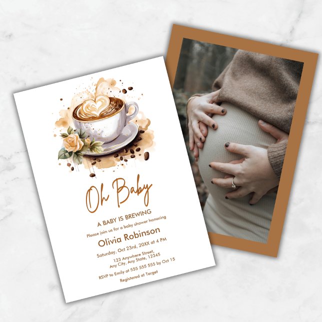 Convites Foto Oh Bebê Um Bebê Está Preparando Café Chá de B (Photo Oh Baby A Baby is Brewing Coffee Baby Shower Invitation )