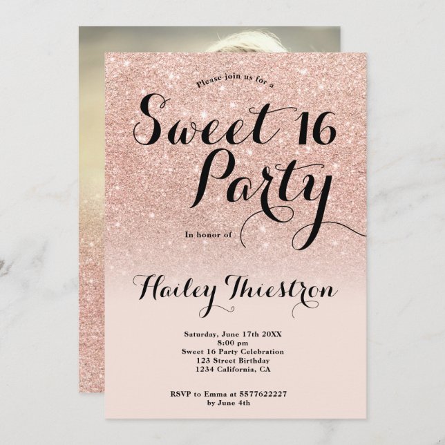 Convites Foto ombre glitter rosa dourada-chic Sweet 16 (Frente/Verso)