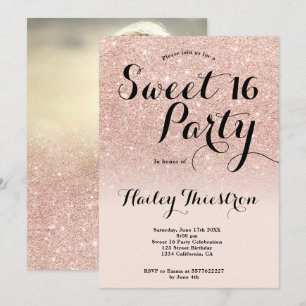 Convites Foto ombre glitter rosa dourada-chic Sweet 16