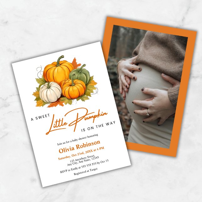 Convites Foto Orange Autumn A Little Pumpkin Chá de fraldas (Photo Orange Autumn A Little Pumpkin Baby Shower Invitation  )