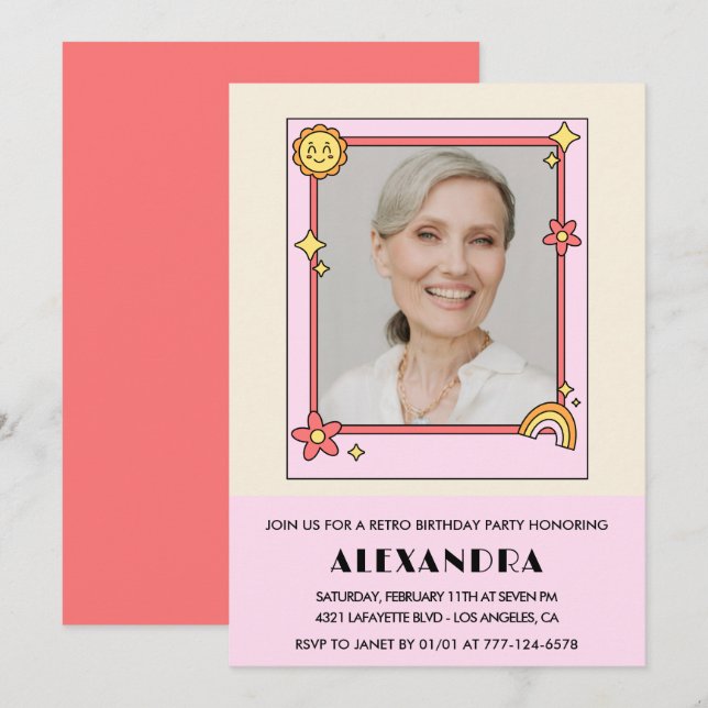 Convites Foto original rosa 70s Groovy 78º aniversário (Frente/Verso)
