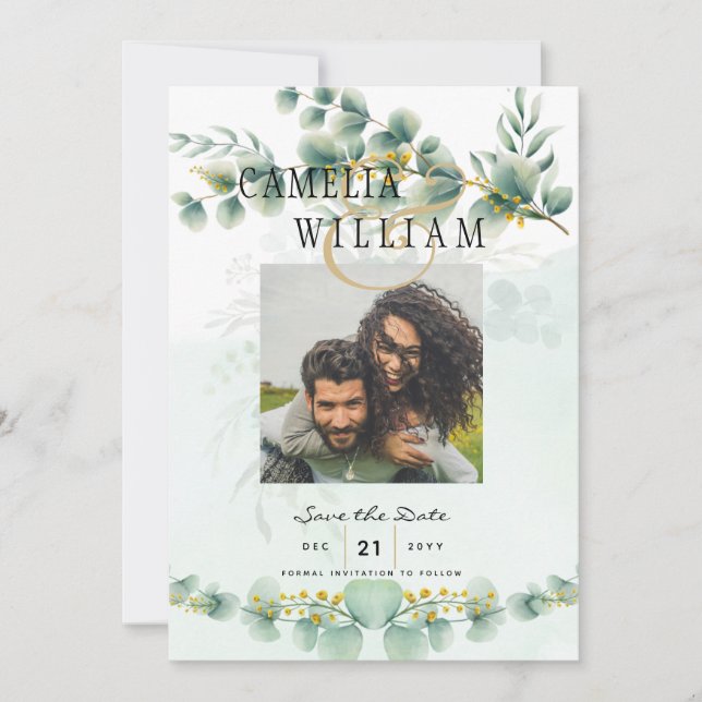 Convites Foto para salvar as datas Eucaluptus Dourado Moder (Frente)