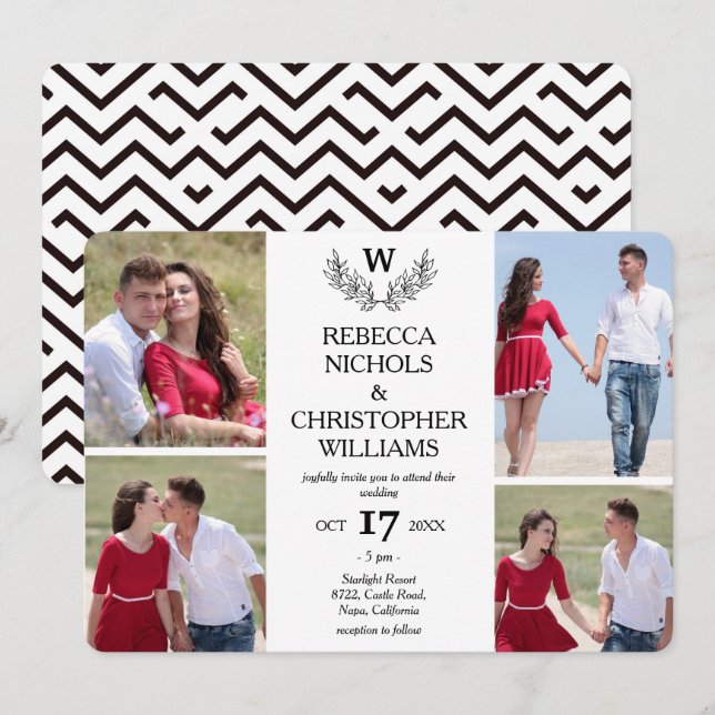 Convites Foto personalizada: 4 Foto Laurel Monogrammed Wedd (Frente/Verso)