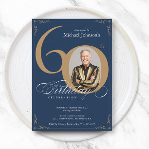 Convites Foto Personalizada Aniversário de 60 anos Azul Mar