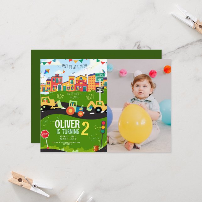 Convites Foto personalizada, aniversário de trator verde (Frente/Verso In Situ)