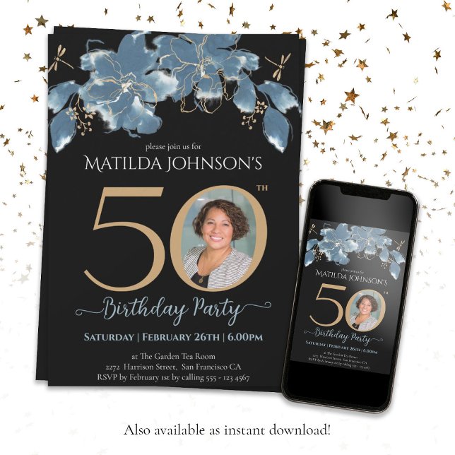 Convites Foto Personalizada Azul Dourado Floral 50º Anivers (Black 50th Birthday Blue Gold Floral Custom Photo Invitation)