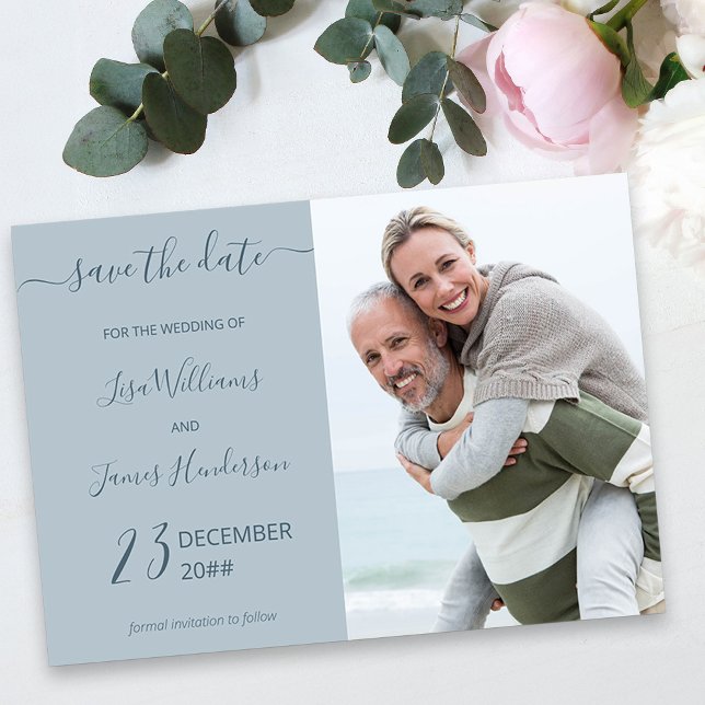 Convites Foto personalizada azul empoeirada com dois tons S (Light Blue Wedding Save the Date with Photo)