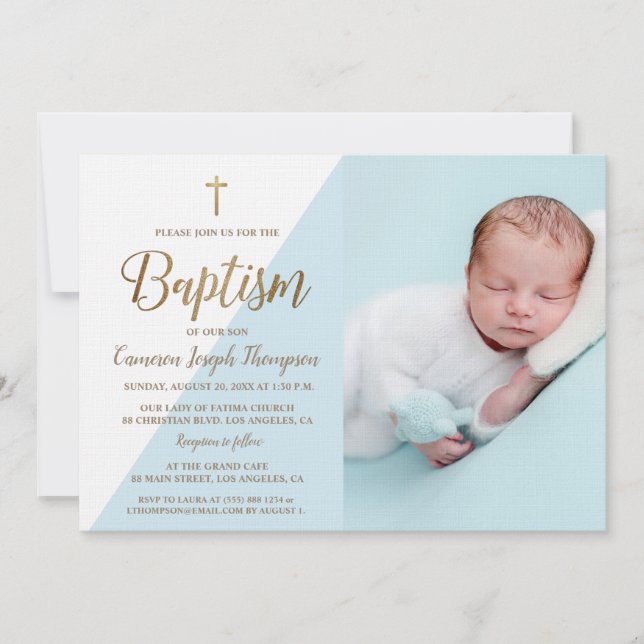 Convites Foto personalizada Baby Boy Baptism Dourado Cruz a (Frente)