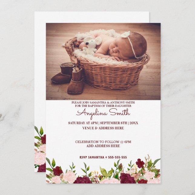 Convites Foto personalizada Burgundy Floral Baptism (Frente/Verso)
