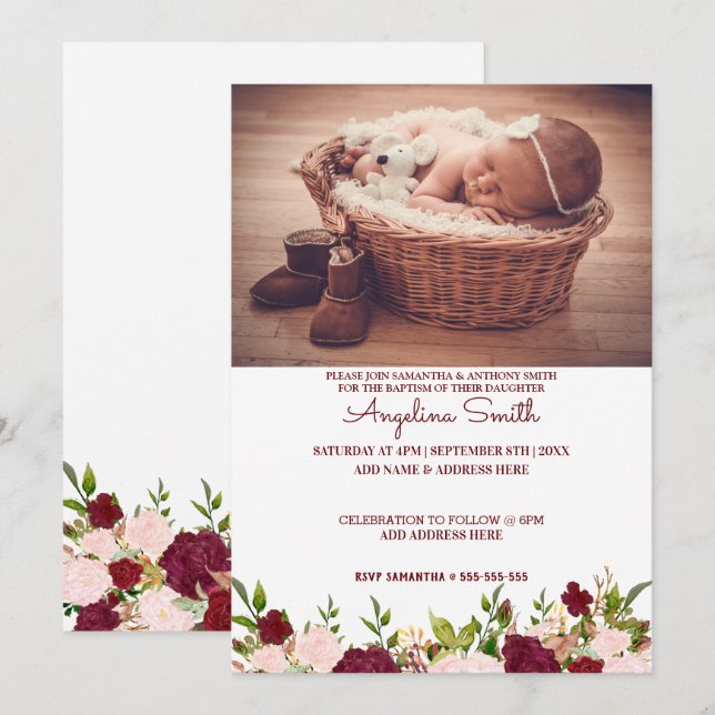 Convites Foto personalizada Burgundy Floral Baptism (Frente/Verso)