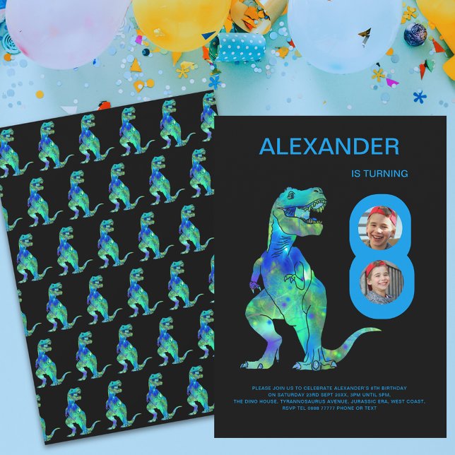 Convites Foto personalizada da Festa de aniversário T-Rex D (Modern dinosaur T-Rex 8th birthday party photo invitation )