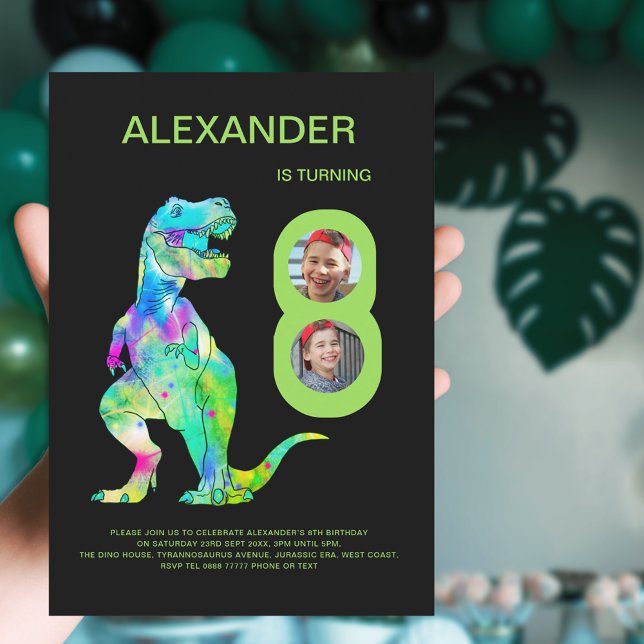 Convites Foto personalizada da Festa de aniversário T-Rex D (Colorful Dinosaur T-Rex 8th birthday party 2 photo collage green and black invitation)
