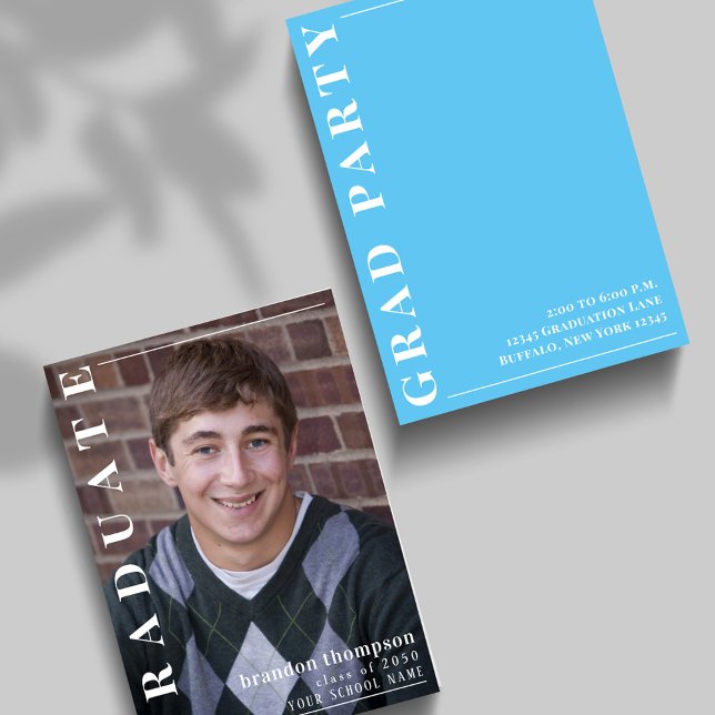 Convites Foto personalizada da Festa de formatura azul mode (Graduation photo invitation announcement With Carolina Blue. )