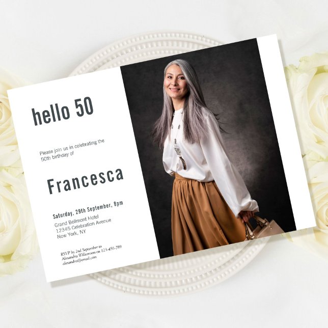 Convites Foto personalizada de 50º aniversário, Festa de 50 (Hello 50 Birthday Party Invitation)
