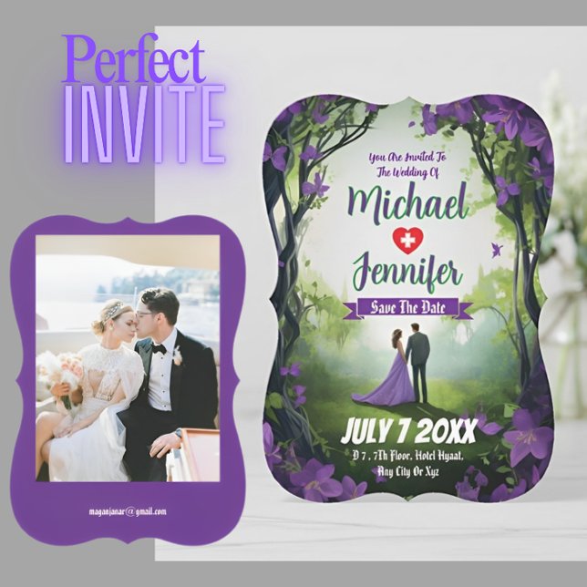 Convites Foto personalizada de casamento da floresta roxa S (Criador carregado)
