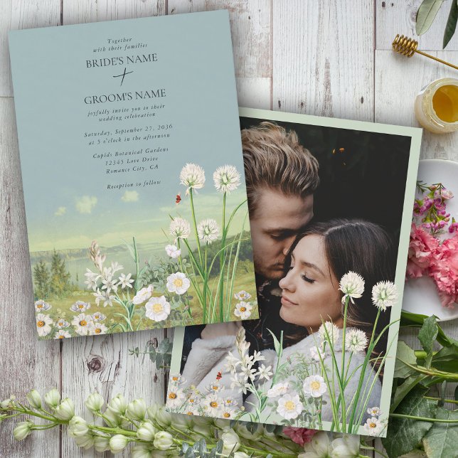Convites Foto Personalizada De Casamento De Paisagem De Wil (Wildflower Mountain Landscape Wedding Custom Photo Invitation)