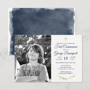 Convites Foto personalizada de Elegant Blue First Communion