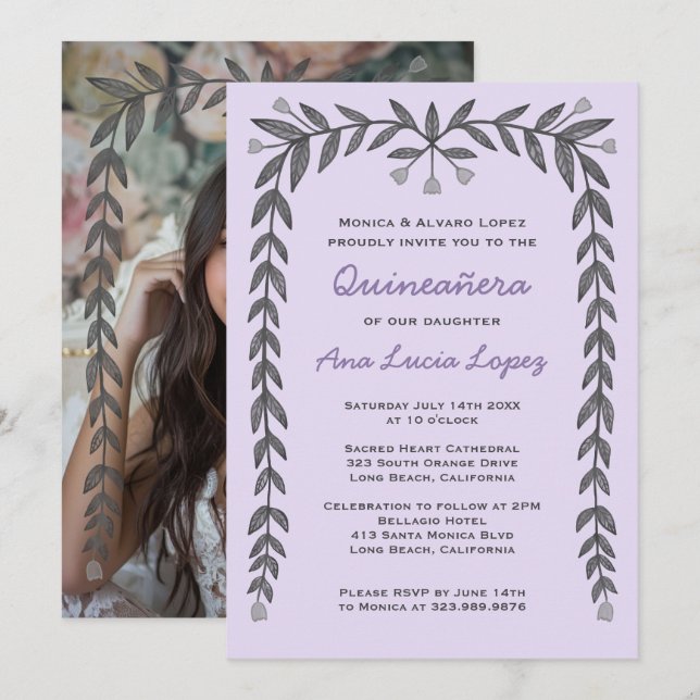 Convites Foto Personalizada De Frame Floral Quinceañera (Frente/Verso)