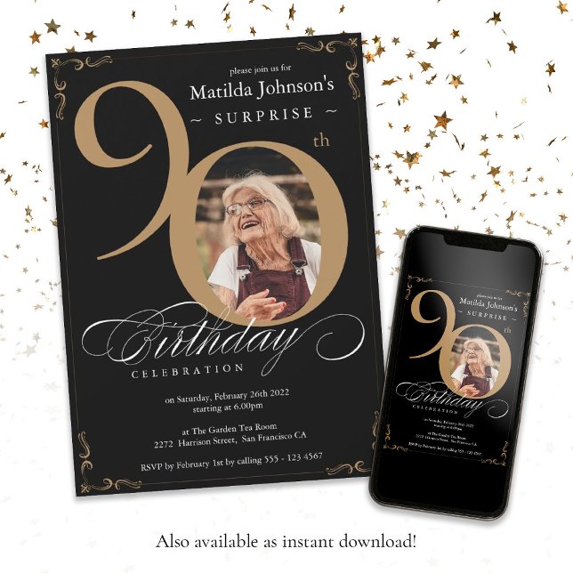 Convites Foto personalizada de preto Dourado de Aniversário (Surprise 90th Birthday Gold Black Custom Photo Invitation)