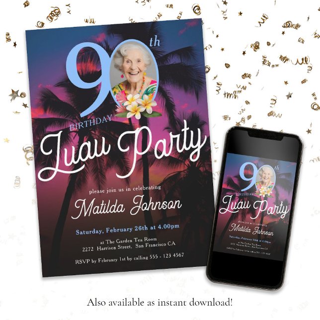 Convites Foto personalizada divertida Festa de aniversário  (90th Birthday Luau Party Classy Fun Custom Photo Invitation)
