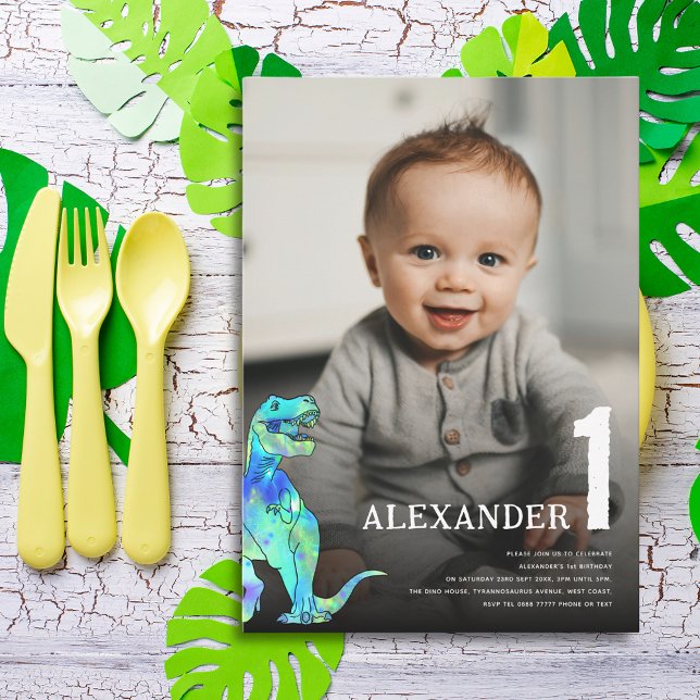 Convites Foto personalizada do Partido do primeiro aniversa (Colorful Dinosaur T-Rex 1st birthday party custom photo watercolor Dino)