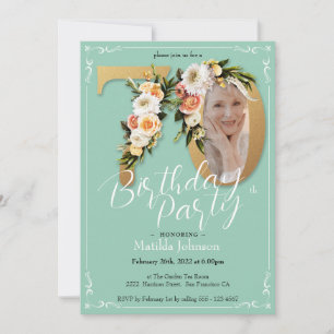 Convites Foto Personalizada Dourada do Mint Boho Floral 70
