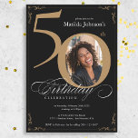 Convites Foto personalizada Dourada Elegante 50º aniversári<br><div class="desc">Elegante Dourada Foto Personalizada 50º Convite de Aniversário. E elegantemente desenhado convite especial para comemoração de aniversário, com uma foto personalizada de pessoa de aniversário e caligrafia de script com elementos florescentes de vintage. Simples o suficiente para ajustado de uma variedade de temas e cores! Precisa de ajuda? Basta entrar...</div>