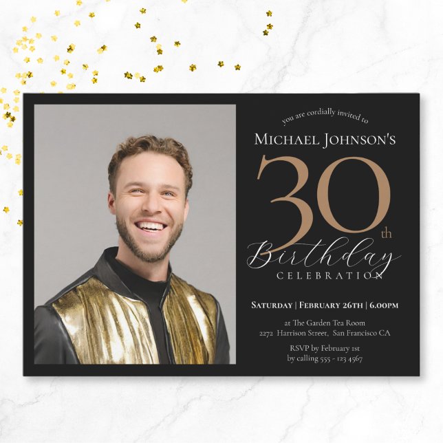 Convites Foto personalizada elegante aniversário de 30 anos (Elegant Custom Photo Black Gold 30th Birthday Invitation)