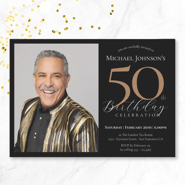 Convites Foto personalizada elegante Black 50th Birthday (Elegant Custom Photo Black Gold 50th Birthday Invitation)