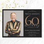 Convites Foto personalizada elegante Black 60th Birthday<br><div class="desc">Foto Personalizada Elegante Dourada 60º Convite de Aniversário. Celebre um aniversário marcante com nosso convite para o Elegante Simples Preto e Dourado, perfeito para adicionar um toque de sofisticação ao seu dia especial. Este design personalizável apresenta um fundo preto elegante adormecido com sotaques dourados elegantes, criando um eterno e um...</div>