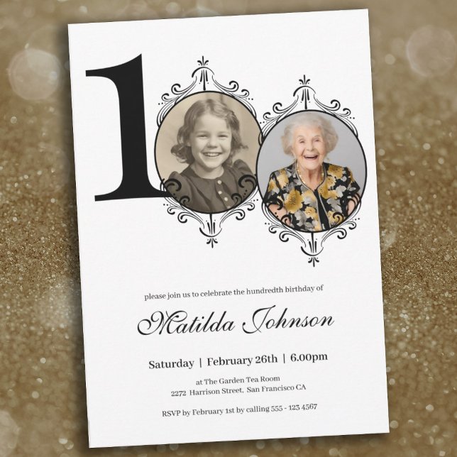 Convites Foto personalizada Elegante branco preto Foto 100º (100th Birthday Black White Elegant Custom Photo Invitation)